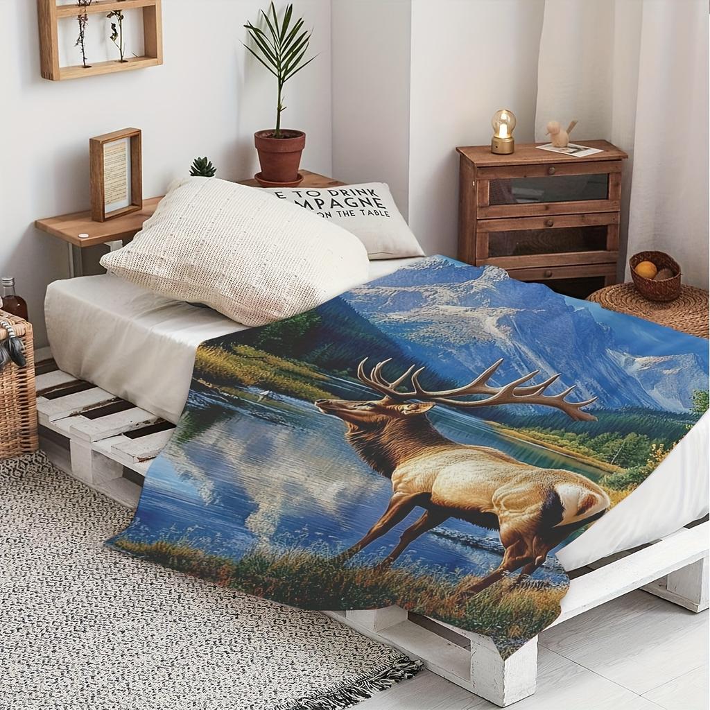 1pc Cozy Flannel Blanket with Majestic Elk & Mountain Landscape Design - Soft Polyester Throw for Home Decor, Outdoor Adventures