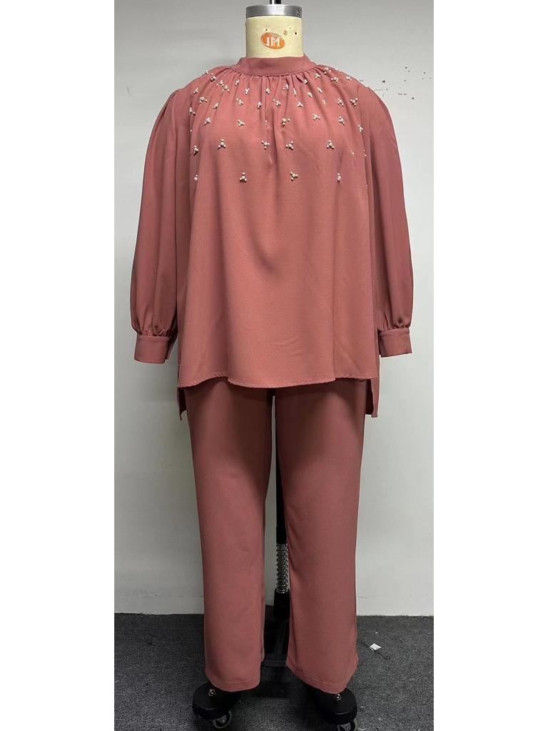 Middle Eastern Plus Size Women's Beaded Loose Two-Piece Set: Pink Stand Collar Top & Wide-Leg Pants