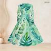 Women Plus Size Square Neck Long Sleeve Green Blue Printed A Line Flared Dress With Belt