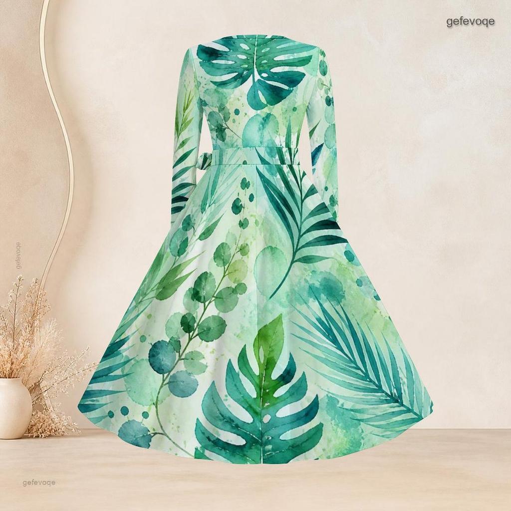 Women Plus Size Square Neck Long Sleeve Green Blue Printed A Line Flared Dress With Belt