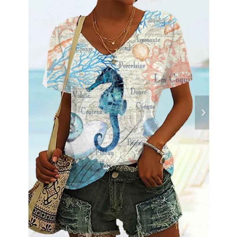 Digital bedrucktes Unterteil Kurzarm V-Ausschnitt T-Shirt Damen