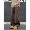 Coffee pleated rivet tooling jeans men's washed casual scimitar pants American diagonal cut straight micro-pull pants