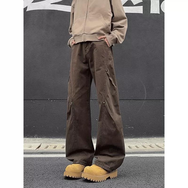 Coffee pleated rivet tooling jeans men's washed casual scimitar pants American diagonal cut straight micro-pull pants