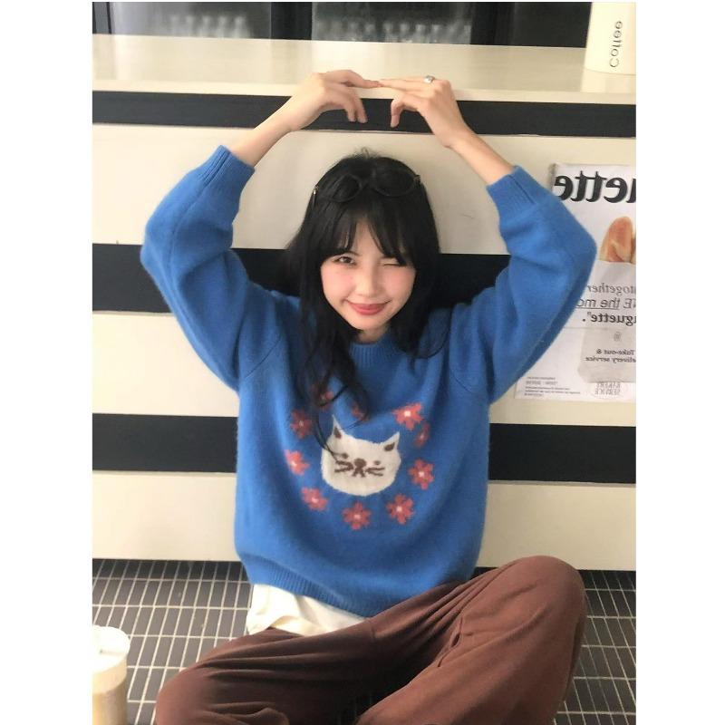 

Синий жаккардовый женский свитер, пуловер с круглым вырезом, вязаные цветочные свитера, свободный, с длинным рукавом, женский теплый топ Onesize синий