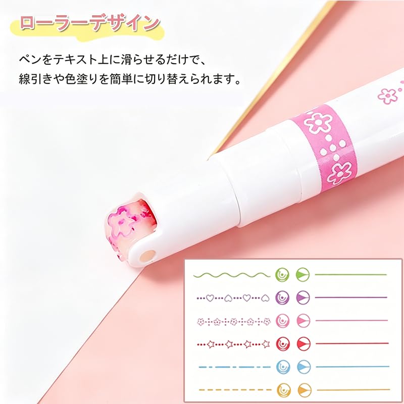Wowjimi Curved 6 6 Floral Wavy Highlighter Roller Dual Color Heart Office Writing Instruments Pens, Types, Colors, Water-Based Pens, Pattern, Line,