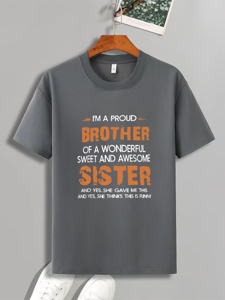 Orange Design Letters BROTHER SISTER Print Mens Fashion Trend Crewneck Tshirt Can Be Worn In Spring