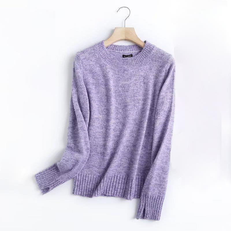 Womens Fall Winter Purple Knit Sweater Slim Fit Crew Neck Long Sleeve Casual Top