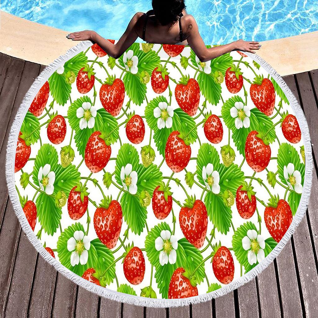 Sweet Cartoon Strawberry Round Beach Towel,Polyester Sand Resistant Beach Blanket,Soft Absorbent Quick Dry Pool Towel Picnic Mat