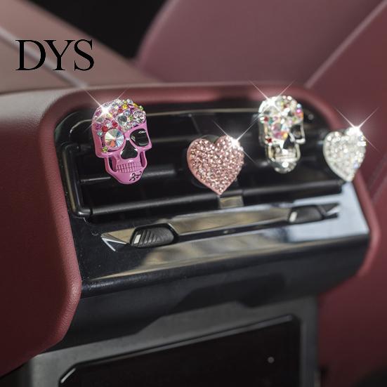 Personalized Auto Interior Trim 2 Pcs Bling Skull Heart Car Air Vent Clips, Rhinestone Shiny Alloy Perfume Holder Dashboard Clip, Funny Head Ornament