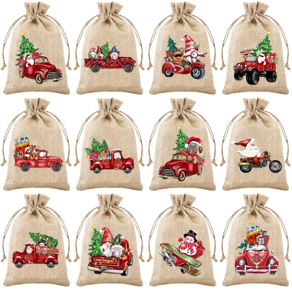 12 Pc Party Gift Bags,  Linen Packaging Bags, Christmas Bundle Bags