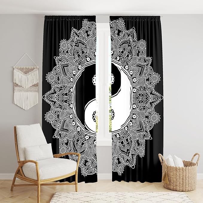 

Bless International Beautiful Indian Bohemian Psychedelic Hippie Tie Dye Window Curtain Panels for Bedroom, Living, Balcony (B&W Yin Yang) 83 L x 38 W