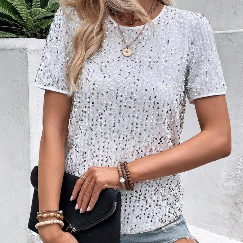 Sequined Crew Neck Summer Women Blouse Commuter Loose Short Sleeved Top Women's Casual Elegant T-shirt Fashion Simple Streetwear Sweet Simple Shirts