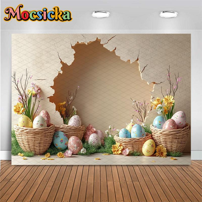 Mocsicka Art Wall Hole Photography Background Easter Egg Spring Flower Portrait Backdrop Birthday Decoration Photo Studio Banner