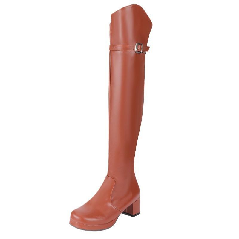 Womens Over-the-Knee Boots Round Toe High Heel Chunky PU Leather Winter Fashion Long Size 40-48