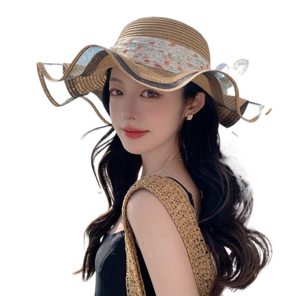 Bowknot Wide Brim Sun Hat Breathable Fisherman Sunshade Cap Fashion Lace Streamers Straw Hat  Girls