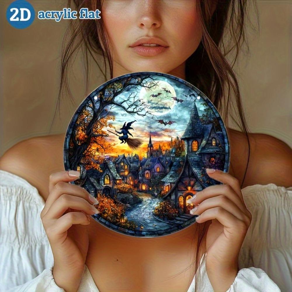 2D Flat Acrylic Halloween Village Decoration - Witch Riding Broom, Full Moon, Suitable for Windows, Walls, Porches, Classrooms, Home Garden Decoration