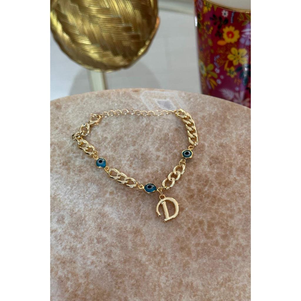 Personalized Letter D Gold Plated Three Evil Eye Chain Bracelet