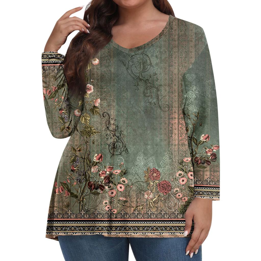 Dámské topy plus size s dlouhým rukávem, košile s výstřihem do V, ležérní oblečení, oblečení, potištěné topy