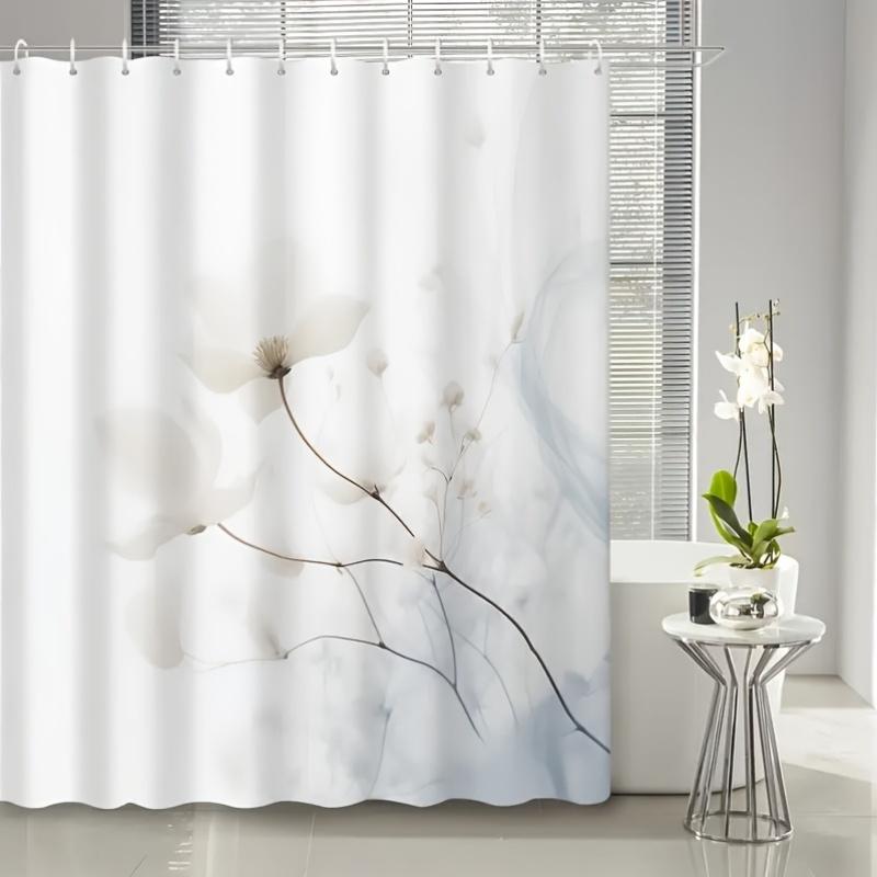 1 Piece High Quality White Floral Print Shower Curtain, Polyester, Machine Washable, Hook Included, Elegant Bathroom Decoration