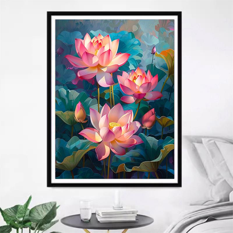 5d DIY Diamond Painting Cross Stitch Pink Lotus Flowers Diamond Embroidery Mosaic Full Round Drill Home Decor