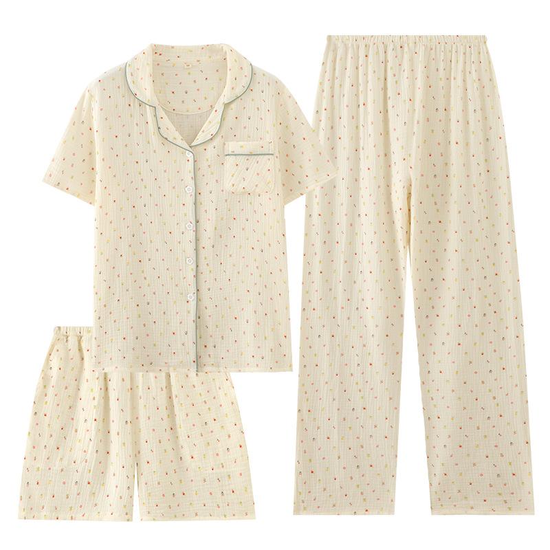 Pure cotton pajamas women's short-sleeved trousers shorts thin cotton breathable loose crepe loungewear set