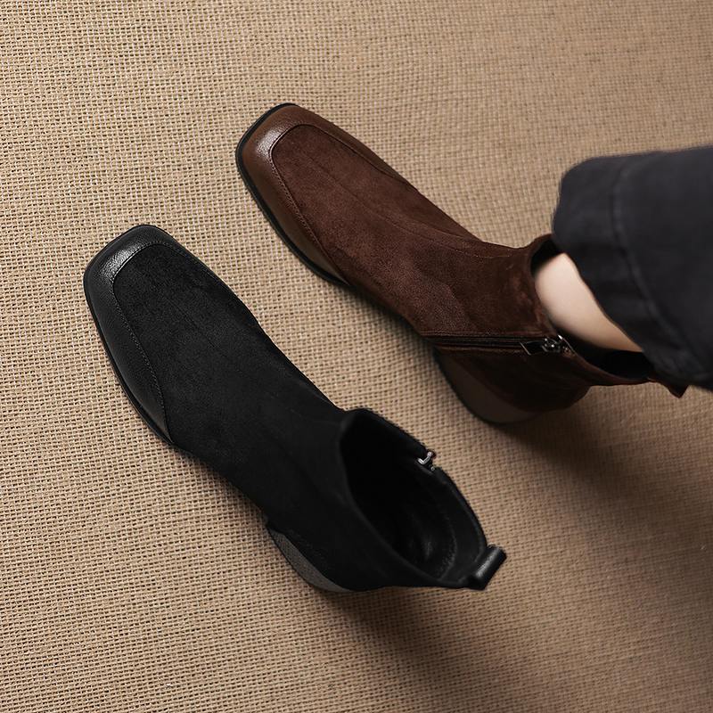 Krazing Pot Sheepskin Flock Winter Square Toe Chunky Heels Chelsea Fashion Boots Women Zip Patch Work Women Ankle Boots