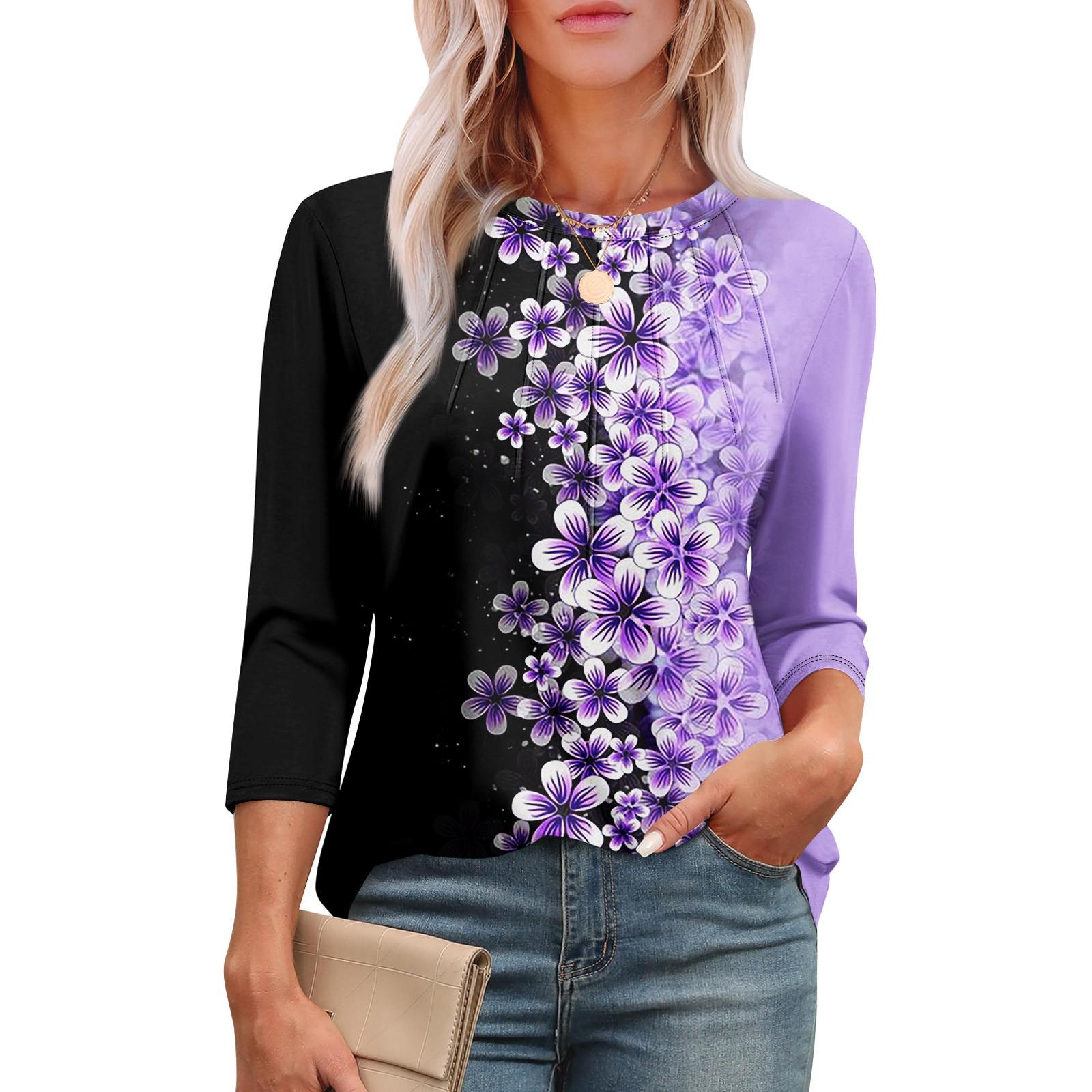 

Женская модная футболка с круглым вырезом и рукавом 3/4 с принтом, повседневная, базовая, плиссированная, пуловер XXXL фиолетовый