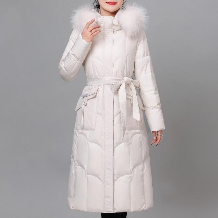 

Winter Women Vintage Hooded Down Jacket with Real Fur Collar Elegant Long Coats Thick Warm White Duck Down Outerwears 4XL