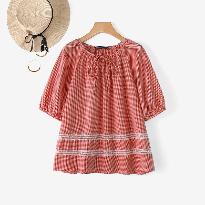 ZANZEA Blusa Casual para Mujer de Cuello Redondo, Manga Corta Holgada con Estampado de Cuadrícula