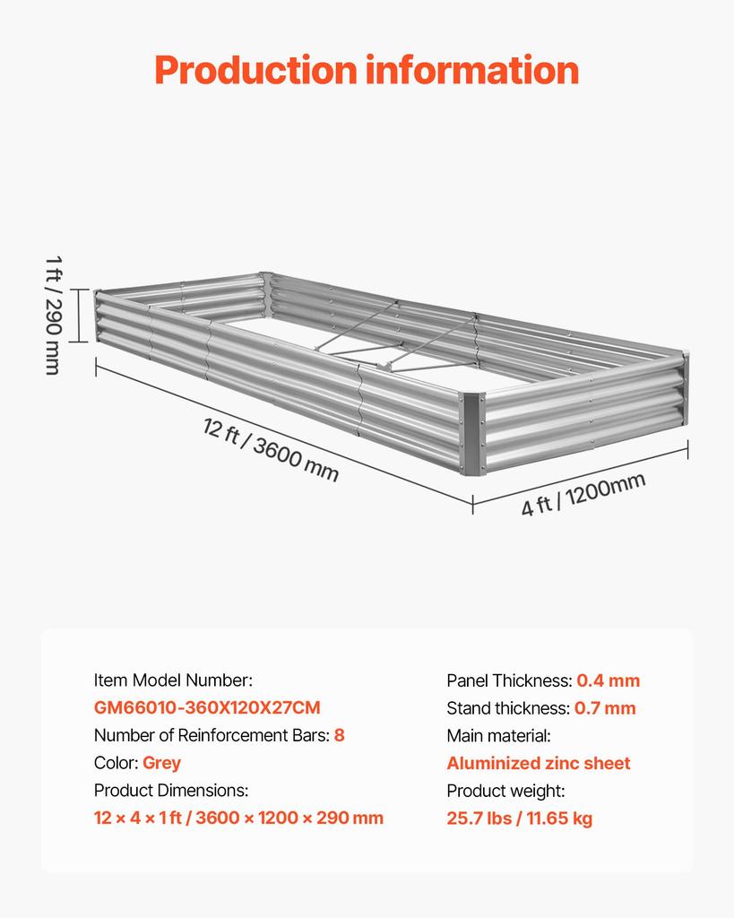 VEVOR Kovový vyvýšený záhon, 3,6 x 1,2 x 0,3 m Venkovní pozinkovaný květináč Zahradní box, Design s otevřeným dnem