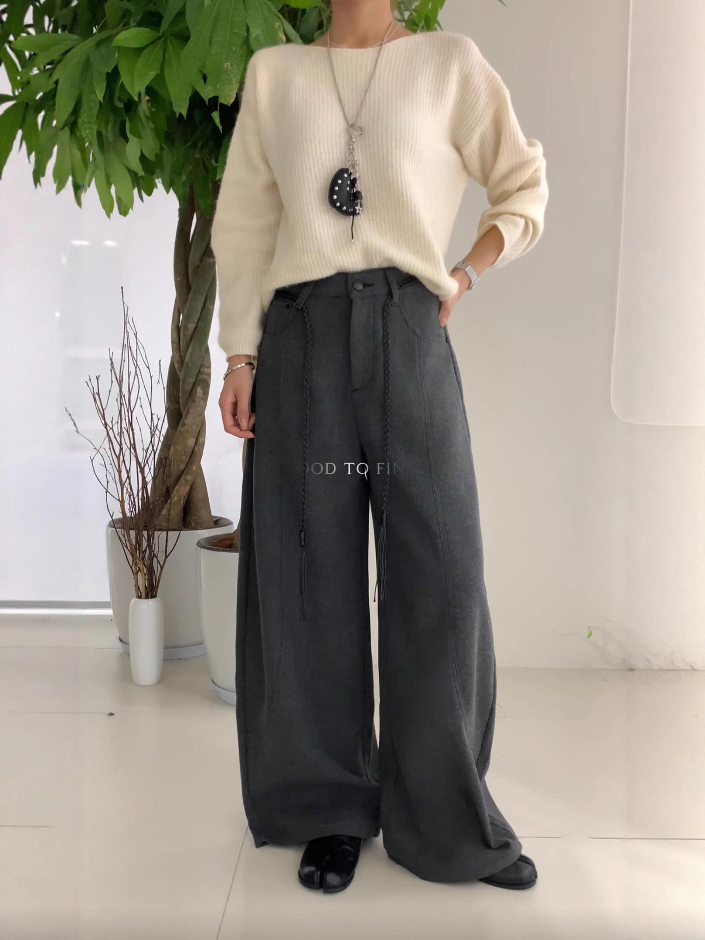 Korean Style High-Waist Wide-Leg Tie-Up Pants for Women - Autumn 2025 Double Extra Large чёрный