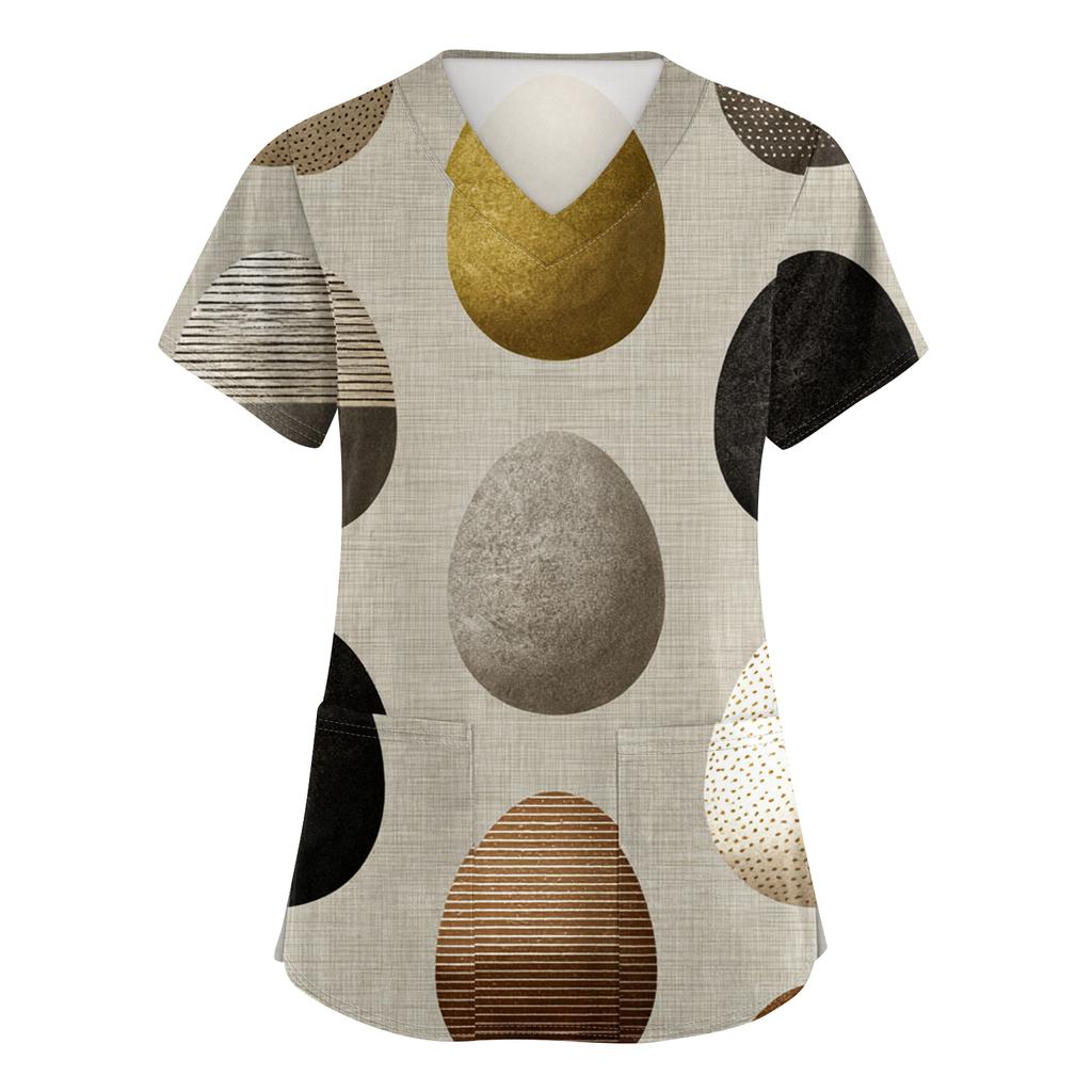 Women's Fashion V-Neck Short-Sleeved Workwear With Pockets Easter Print Top Caregiver Uniform