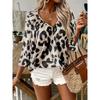 Top da Donna Temperamento Pendolare Cachi Stampa Leopardo Scollo a V Grande Plissettato Maniche a Sette Quarti Camicia
