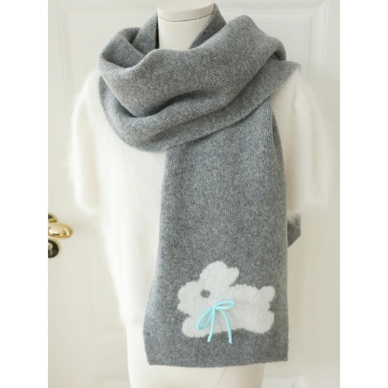 Sweet Cool Rabbit Handmade Bow Winter Warm Scarf Women's Knitted Wool Imitation Cashmere Scarf Solid Color Cartoon Korean