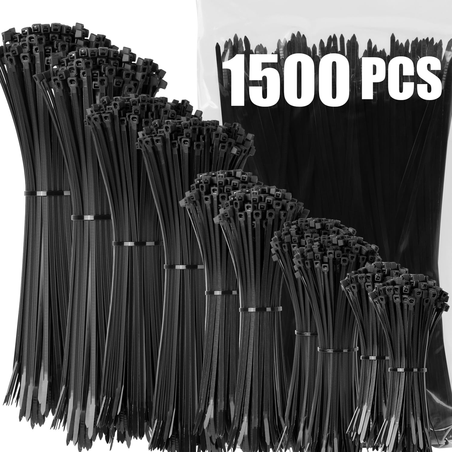 

XINGO 1500pcs Black Cable Ties, 100mm, 150mm, 200mm, 250mm, 300mm, Heavy-Duty Self-Locking Premium Plastic Cable Wire Ties for Indoor and Outdoor Use