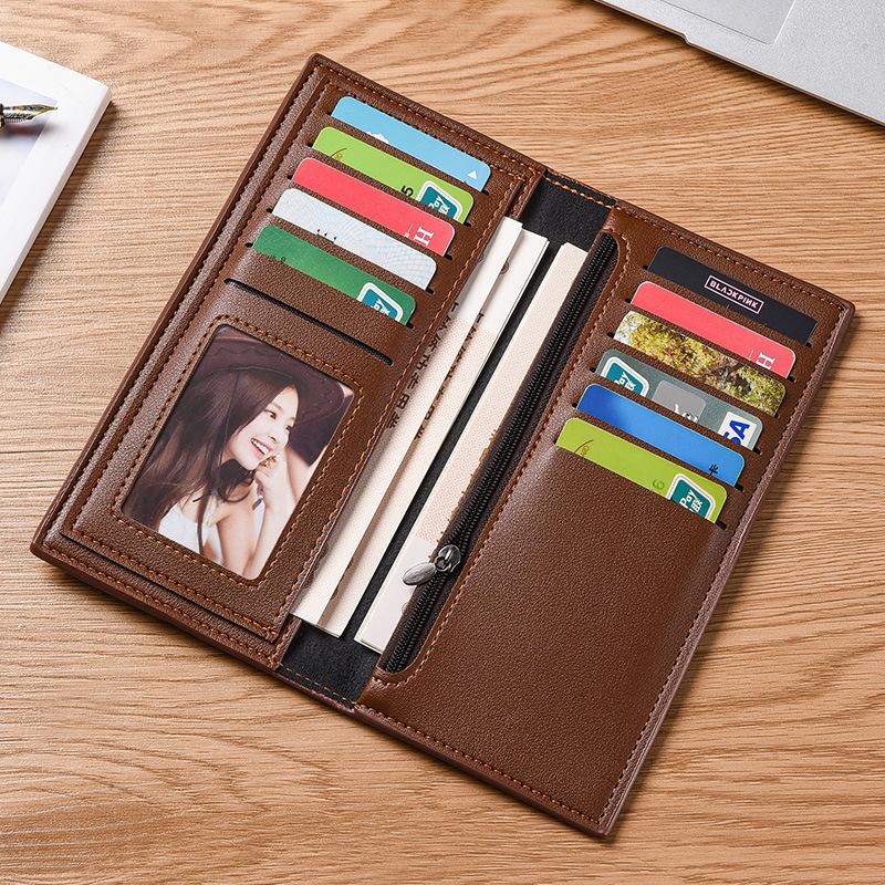 Men’s PU Leather Long Wallet RFID Card Holder Zipper Coin Pocket Multiple Card Slots ID Photo Holder Bifold Wallet Large Capacity Slim Purse