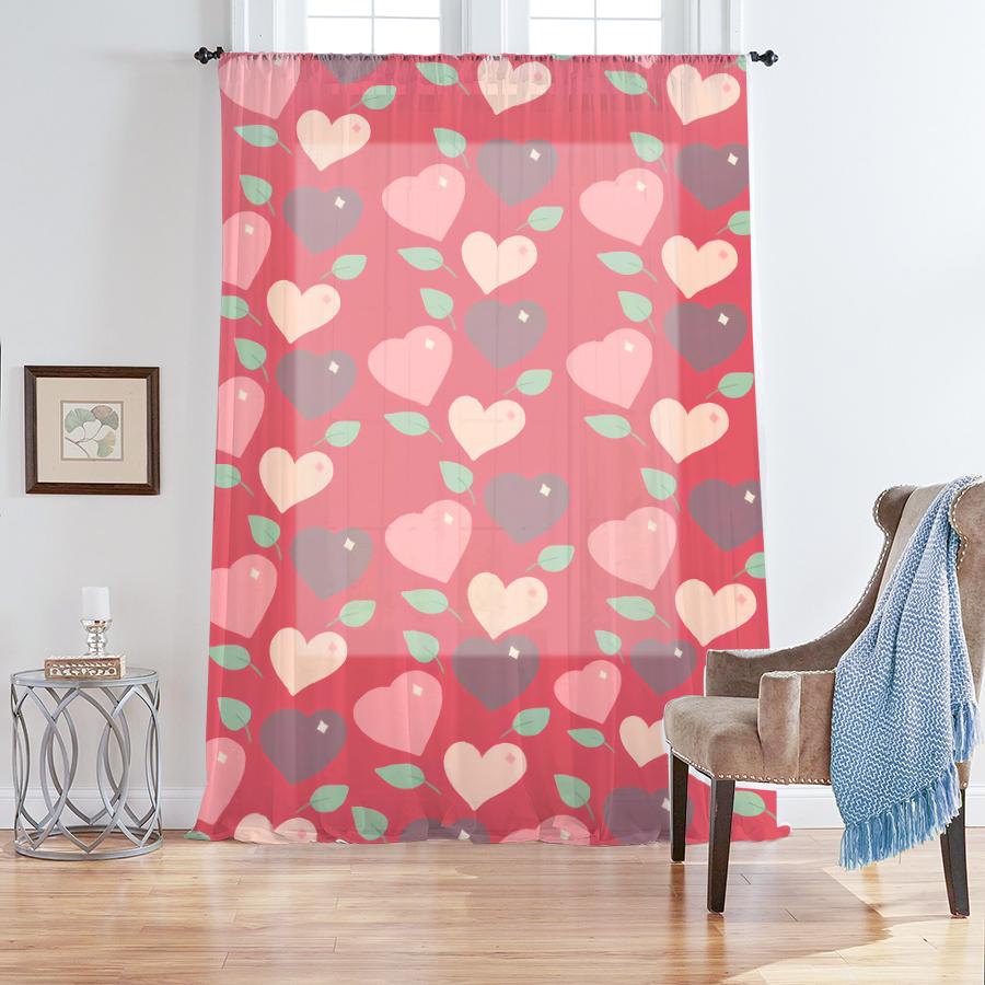 

Single Panel Rose Red Heart Shaped Gauze Curtain Romantic Style Living Room Bedroom Translucent For Made Of Polyester W100*H70(CM)-Hooks&2PCS