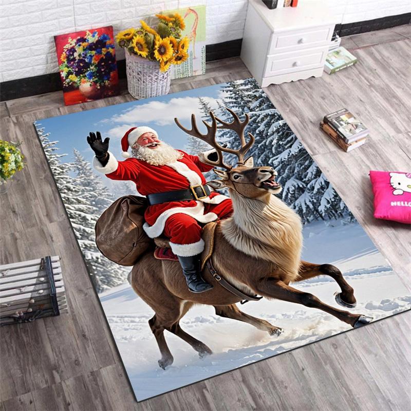 Santa Claus Riding Reindeer Snow Winter Forest Scene Print Area Rug Non‑Slip Rectangular Floor Mat Home Decor