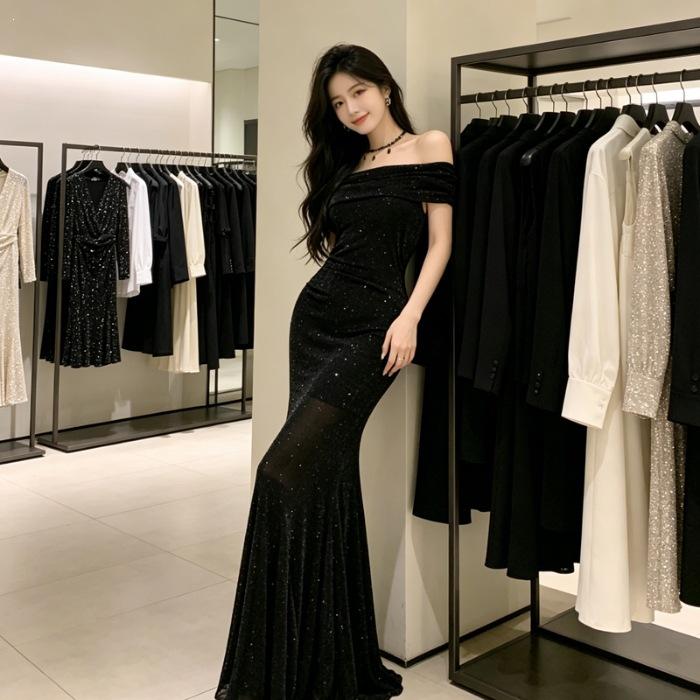 High-end Exquisite Long Dress Spring and Summer Royal Sister Style Spice Girl Sexy One-word Shoulder Slim Fit Hip Wrap Fishtail Dress