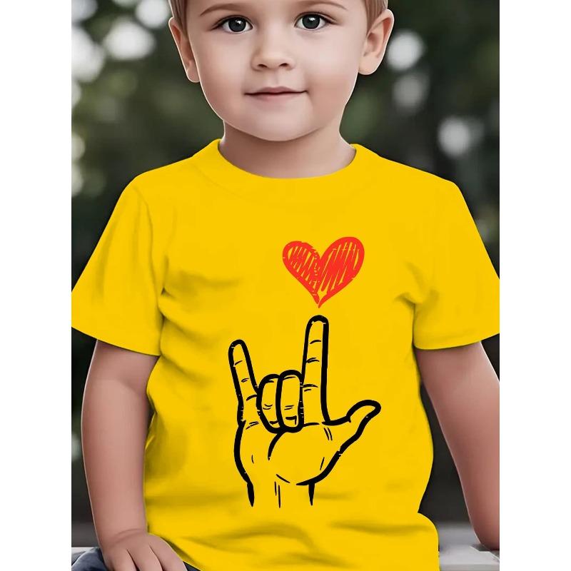 European sizes Boys' Short Sleeve T-Shirt with Heart Hands & Love Print - Summer Casual Round Neck Tee Suitable for, Cute