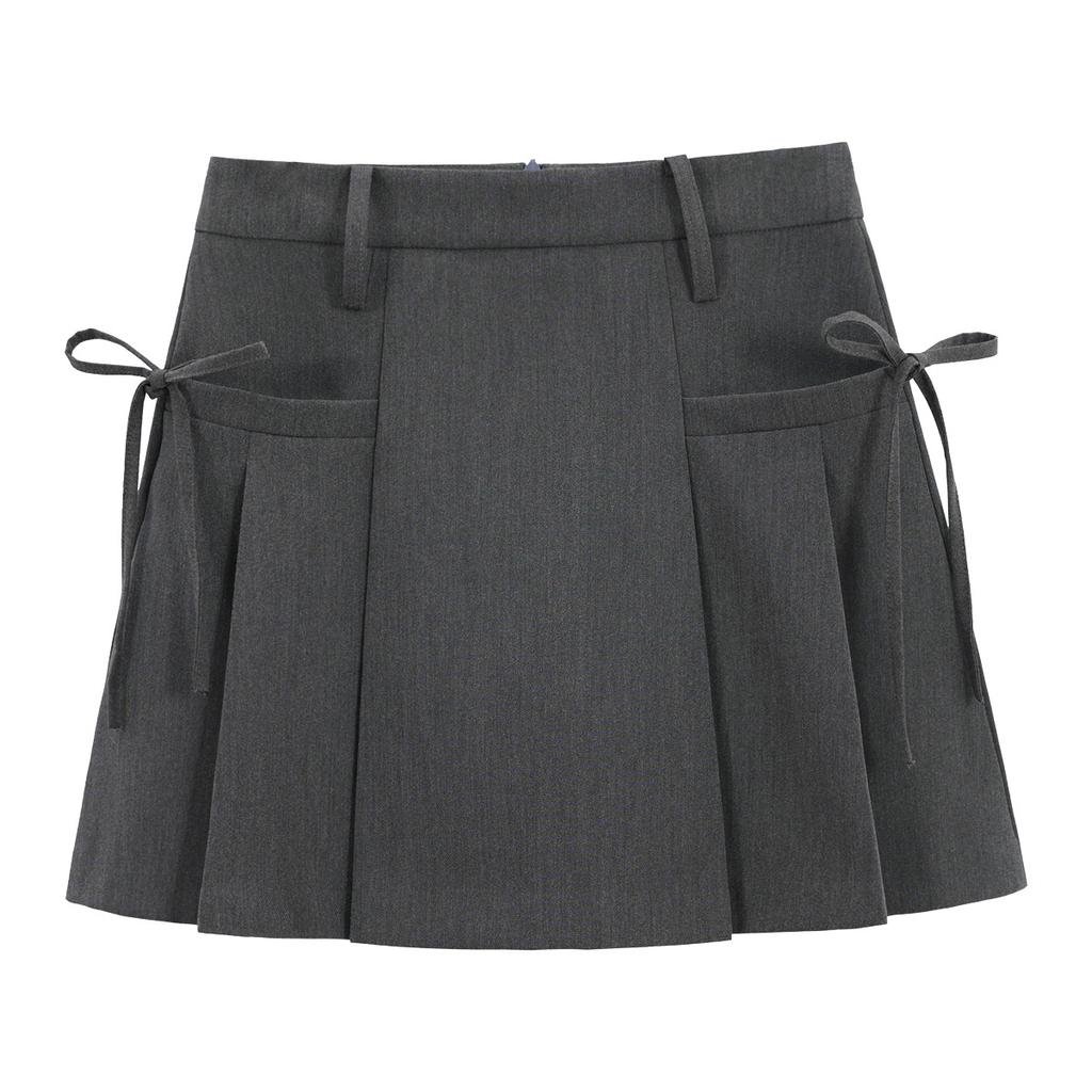 Grey Pleated Skirt for Women Summer Academic-inspired High-waisted Slimming A-line Skirt with Design-driven Tie-bow Detail and Tailored Short Skirt