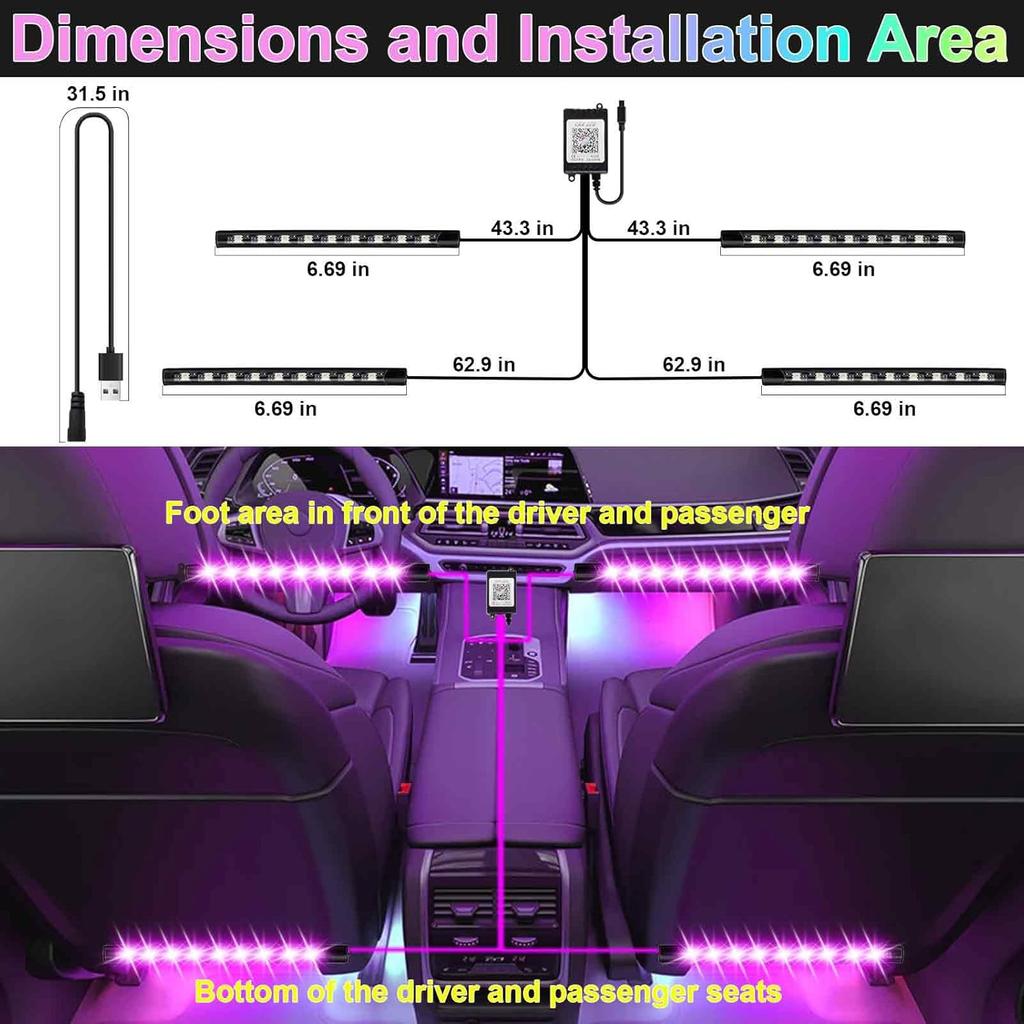Car Interior Lights, 5V LED Strip Lights With USB Adapter, Ambient Car Lighting Kit, App & Remote Control Music Sync Color Change Strip Lights For