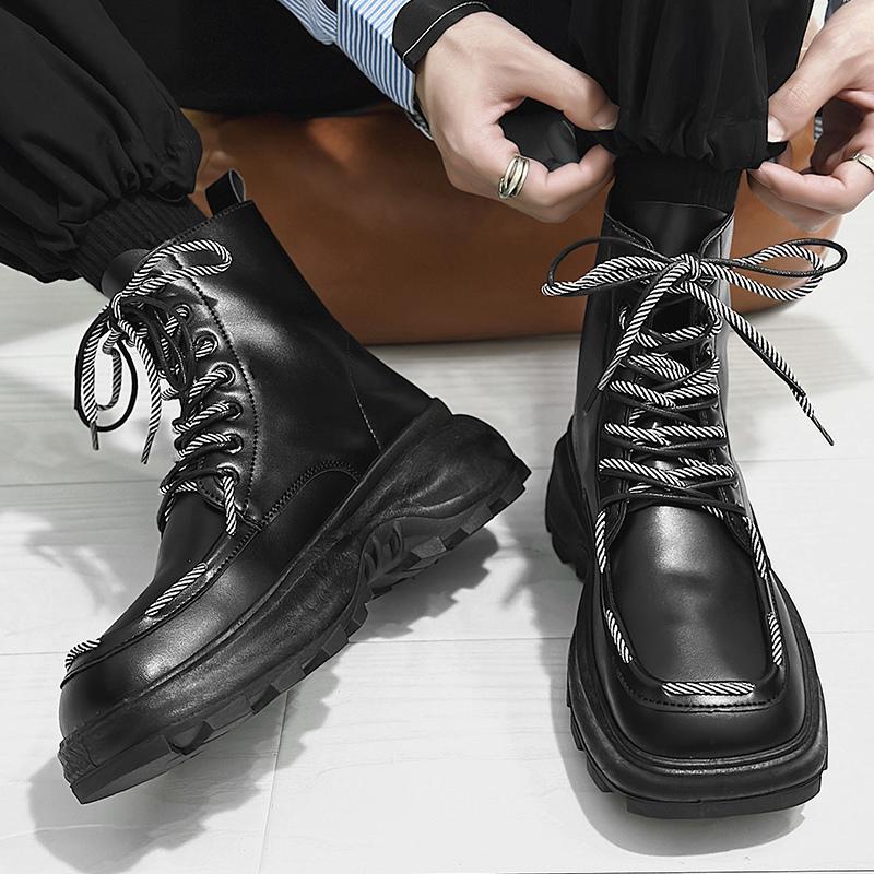 Módní šněrovací pánské platformové boty, ležérní vysoké kotníkové boty, pánské robustní boty, streetwear, hip hop, černé motocyklové boty pro muže