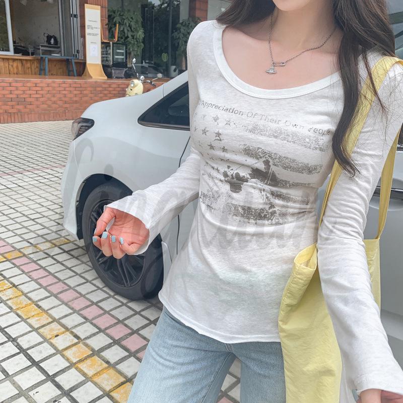 American Retro Square Neck Long Sleeve T-shirt - Women's Slim Fit Cropped Top for Autumn
