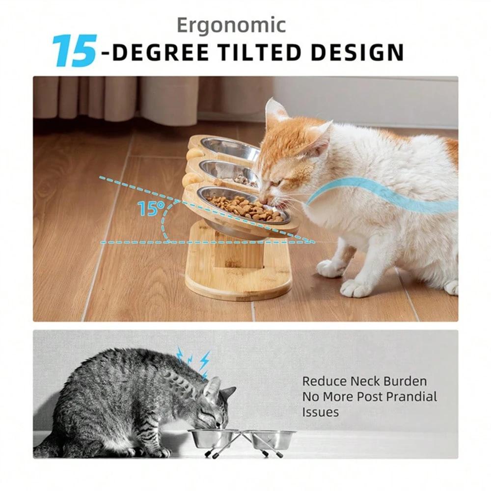 Three-tier cat feeding bowl with adjustable-angle bowls and a 15° inclined stand suitable for indoor puppies and kittens
