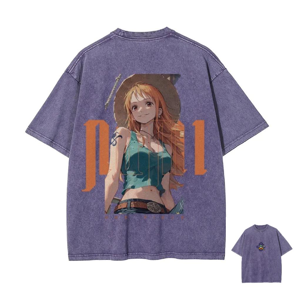 New ONE PIECE Nami Print Retro Washed Shortsleeved Beach Casual Style Harajuku Street Tshirt Summer Mens and Womens Y2k Top