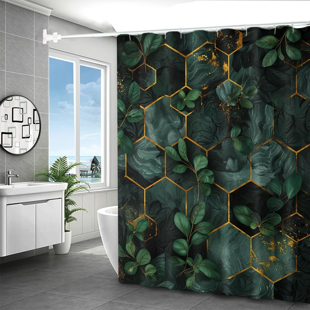 Elegant Green Marble Shower Curtain - Leaf & Gold Hexagon for Bathroom Decor, Adds Modern Luxury and Nature's Touch