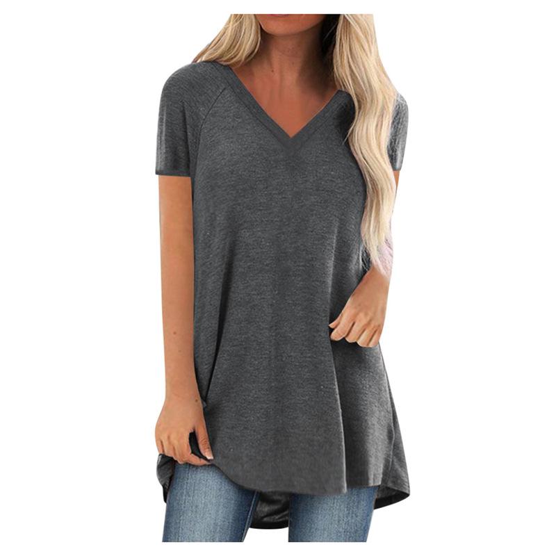 

European-American Solid Color V-Neck Plus-Size Loose Pullover T-Shirt - Short Sleeve, Mid-Length, Casual Spring/Summer Wear 5XL сірий колір