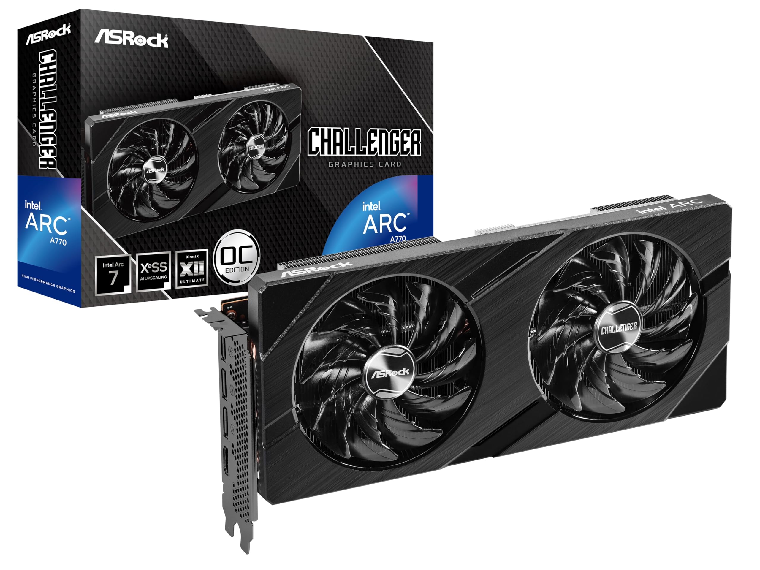 

Оснащено відеокартою ASRock Intel Arc A770 16 ГБ версії OC з охолоджувачем із потрійним вентилятором і задньою пластиною, яка займає слоти A770 CL 16GO Офіційно