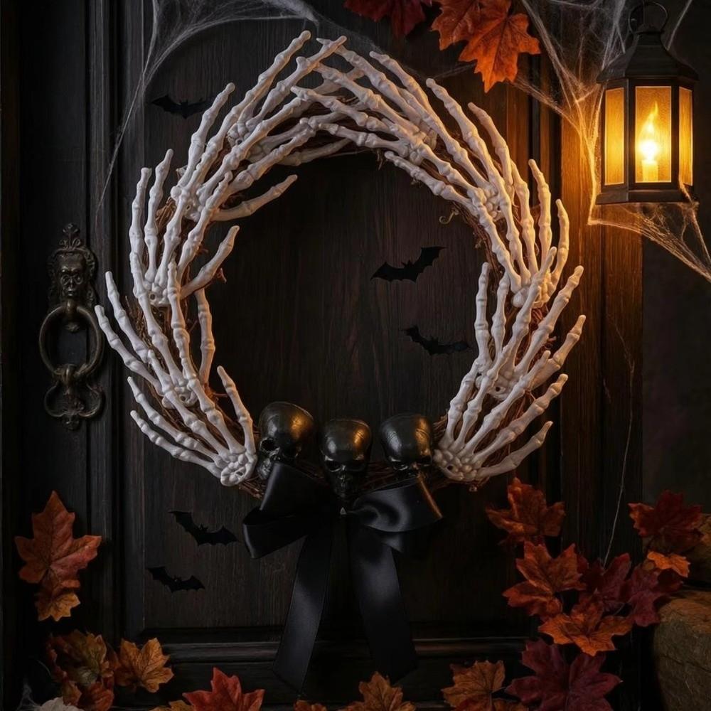 Dark Style Halloween Skeleton Hand Wreath White Bones Black Ribbon Halloween Artificial Wreath Black Bow Black Branch Wreaths